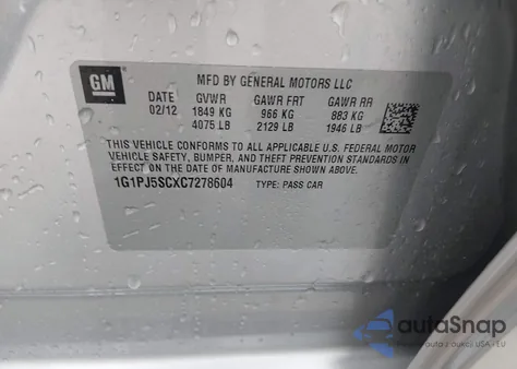 2012 Chevrolet Cruze Eco из США, поврежденный, VIN 1G1PJ5SCXC7278604